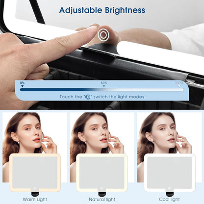 Leather Makeup Case with LED Lighted Mirror 11.4 Inch Travel Makeup Bag Adjustable Brightness in 3 Colors Cosmetic Organizer Artist Storage Bag with Dividers Brush Holder Bag Vanity White