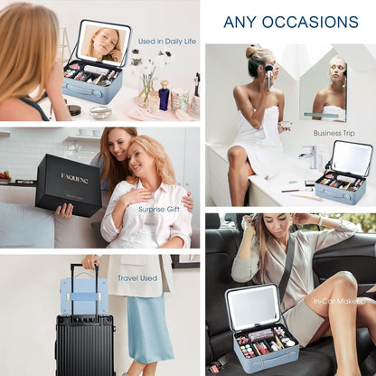 Leather Makeup Case with LED Lighted Mirror 11.4 Inch Travel Makeup Bag Adjustable Brightness in 3 Colors Cosmetic Organizer Artist Storage Bag with Dividers Brush Holder Bag Vanity White
