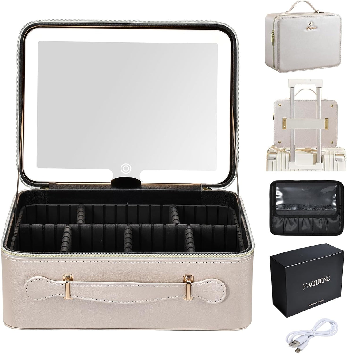Leather Makeup Case with LED Lighted Mirror 11.4 Inch Travel Makeup Bag Adjustable Brightness in 3 Colors Cosmetic Organizer Artist Storage Bag with Dividers Brush Holder Bag Vanity White