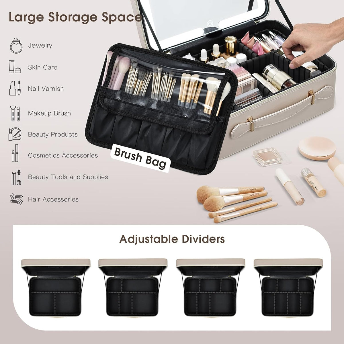 Leather Makeup Case with LED Lighted Mirror 11.4 Inch Travel Makeup Bag Adjustable Brightness in 3 Colors Cosmetic Organizer Artist Storage Bag with Dividers Brush Holder Bag Vanity White