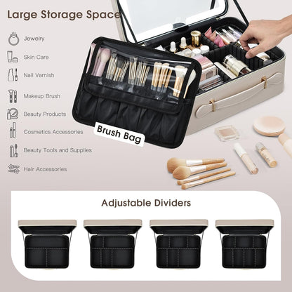 Leather Makeup Case with LED Lighted Mirror 11.4 Inch Travel Makeup Bag Adjustable Brightness in 3 Colors Cosmetic Organizer Artist Storage Bag with Dividers Brush Holder Bag Vanity White