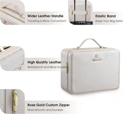 Leather Makeup Case with LED Lighted Mirror 11.4 Inch Travel Makeup Bag Adjustable Brightness in 3 Colors Cosmetic Organizer Artist Storage Bag with Dividers Brush Holder Bag Vanity White