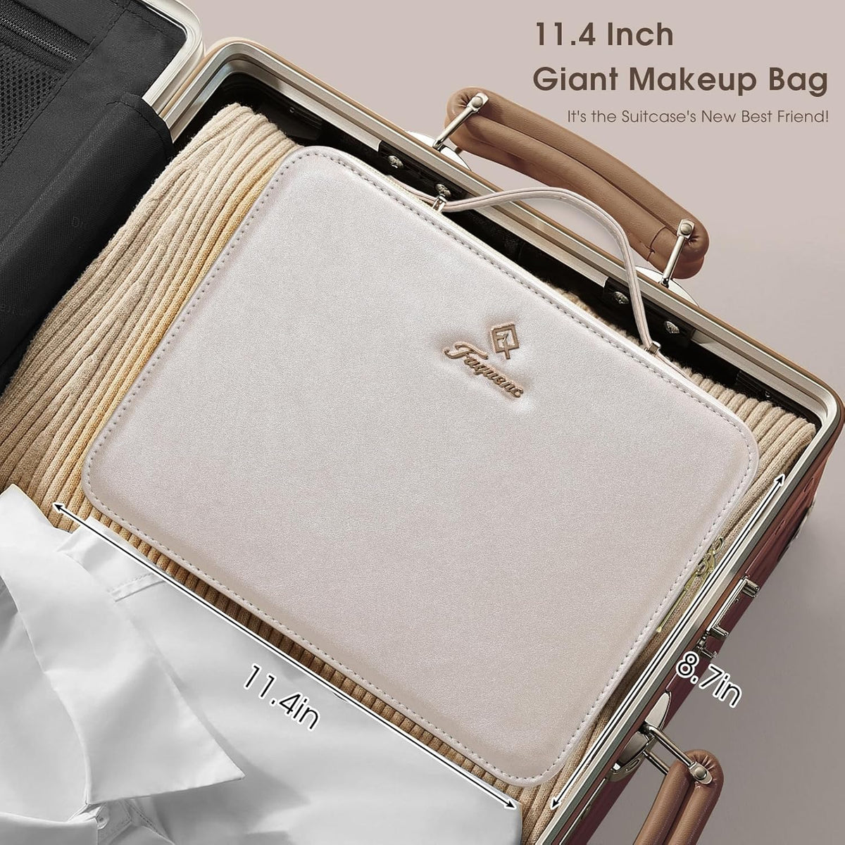 Leather Makeup Case with LED Lighted Mirror 11.4 Inch Travel Makeup Bag Adjustable Brightness in 3 Colors Cosmetic Organizer Artist Storage Bag with Dividers Brush Holder Bag Vanity White