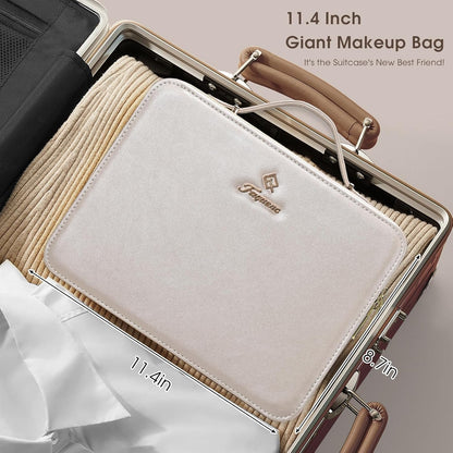 Leather Makeup Case with LED Lighted Mirror 11.4 Inch Travel Makeup Bag Adjustable Brightness in 3 Colors Cosmetic Organizer Artist Storage Bag with Dividers Brush Holder Bag Vanity White