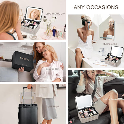 Leather Makeup Case with LED Lighted Mirror 11.4 Inch Travel Makeup Bag Adjustable Brightness in 3 Colors Cosmetic Organizer Artist Storage Bag with Dividers Brush Holder Bag Vanity White