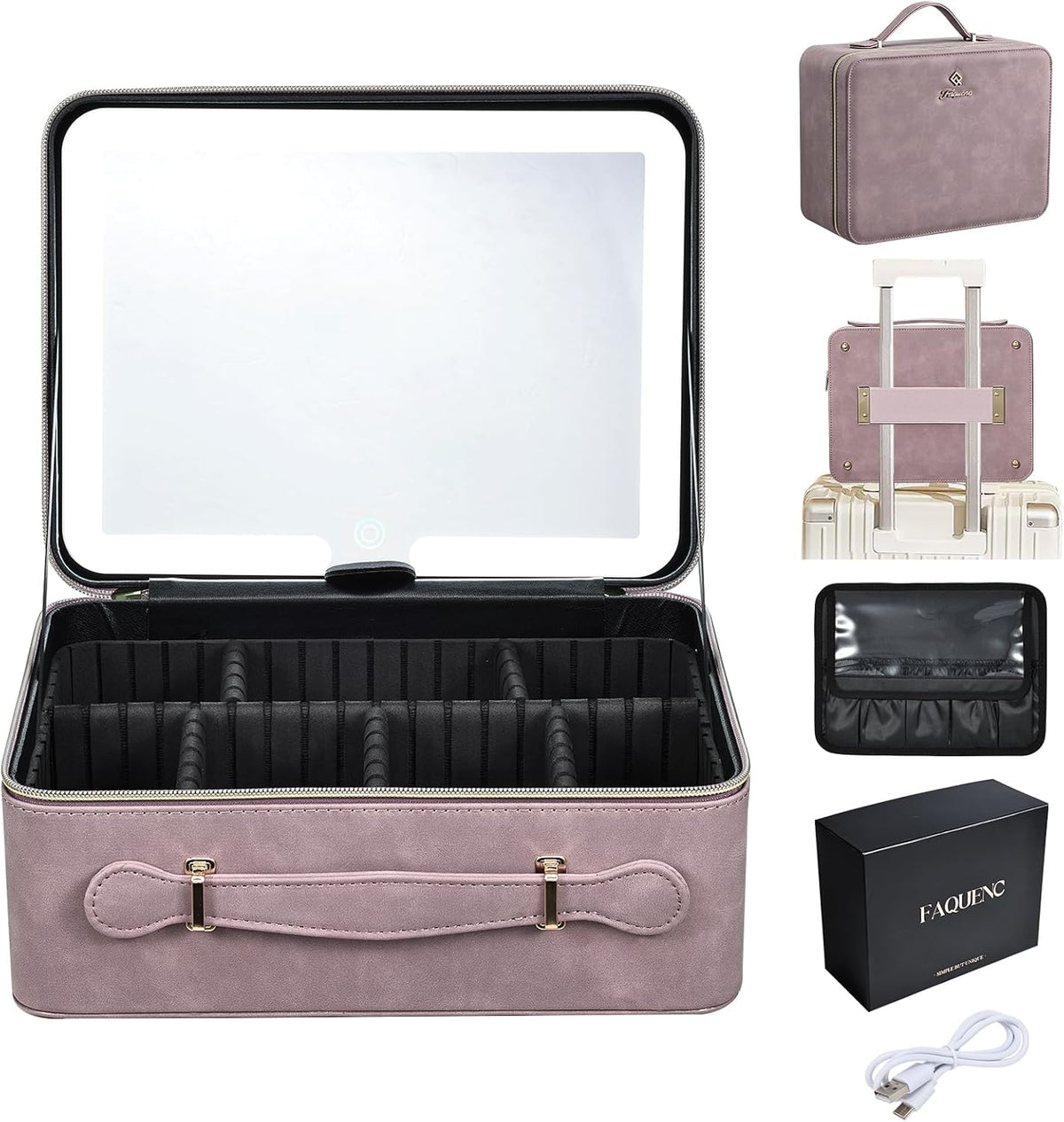 Leather Makeup Case with LED Lighted Mirror 11.4 Inch Travel Makeup Bag Adjustable Brightness in 3 Colors Cosmetic Organizer Artist Storage Bag with Dividers Brush Holder Bag Vanity White