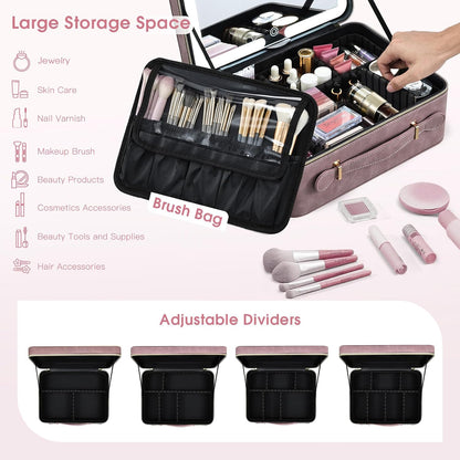 Leather Makeup Case with LED Lighted Mirror 11.4 Inch Travel Makeup Bag Adjustable Brightness in 3 Colors Cosmetic Organizer Artist Storage Bag with Dividers Brush Holder Bag Vanity White