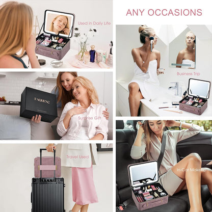 Leather Makeup Case with LED Lighted Mirror 11.4 Inch Travel Makeup Bag Adjustable Brightness in 3 Colors Cosmetic Organizer Artist Storage Bag with Dividers Brush Holder Bag Vanity White