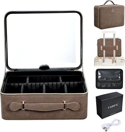 Leather Makeup Case with LED Lighted Mirror 11.4 Inch Travel Makeup Bag Adjustable Brightness in 3 Colors Cosmetic Organizer Artist Storage Bag with Dividers Brush Holder Bag Vanity White