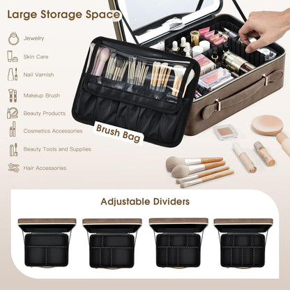 Leather Makeup Case with LED Lighted Mirror 11.4 Inch Travel Makeup Bag Adjustable Brightness in 3 Colors Cosmetic Organizer Artist Storage Bag with Dividers Brush Holder Bag Vanity White