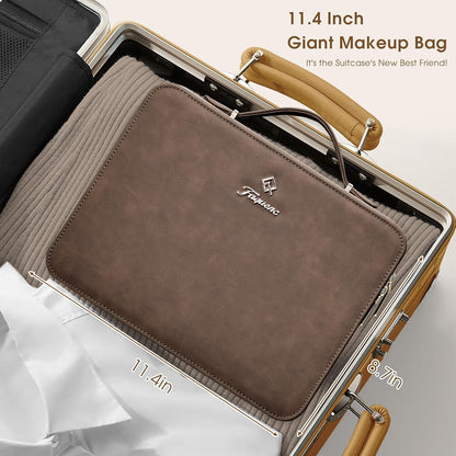 Leather Makeup Case with LED Lighted Mirror 11.4 Inch Travel Makeup Bag Adjustable Brightness in 3 Colors Cosmetic Organizer Artist Storage Bag with Dividers Brush Holder Bag Vanity White