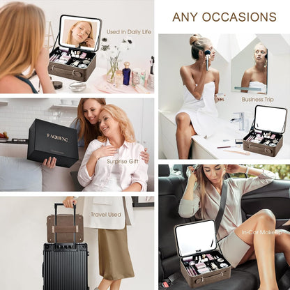 Leather Makeup Case with LED Lighted Mirror 11.4 Inch Travel Makeup Bag Adjustable Brightness in 3 Colors Cosmetic Organizer Artist Storage Bag with Dividers Brush Holder Bag Vanity White
