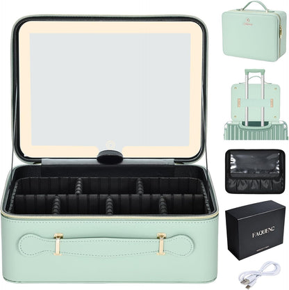 Leather Makeup Case with LED Lighted Mirror 11.4 Inch Travel Makeup Bag Adjustable Brightness in 3 Colors Cosmetic Organizer Artist Storage Bag with Dividers Brush Holder Bag Vanity White