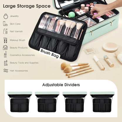 Leather Makeup Case with LED Lighted Mirror 11.4 Inch Travel Makeup Bag Adjustable Brightness in 3 Colors Cosmetic Organizer Artist Storage Bag with Dividers Brush Holder Bag Vanity White