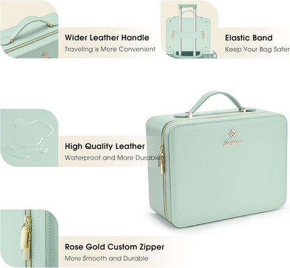 Leather Makeup Case with LED Lighted Mirror 11.4 Inch Travel Makeup Bag Adjustable Brightness in 3 Colors Cosmetic Organizer Artist Storage Bag with Dividers Brush Holder Bag Vanity White