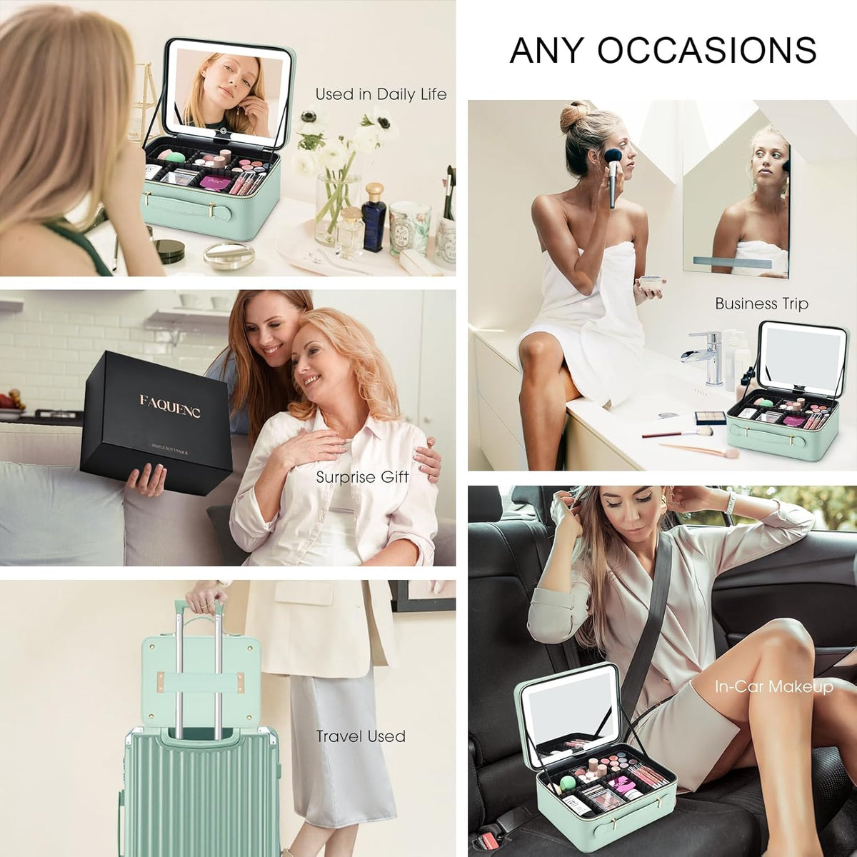 Leather Makeup Case with LED Lighted Mirror 11.4 Inch Travel Makeup Bag Adjustable Brightness in 3 Colors Cosmetic Organizer Artist Storage Bag with Dividers Brush Holder Bag Vanity White