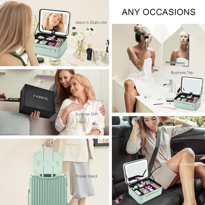 Leather Makeup Case with LED Lighted Mirror 11.4 Inch Travel Makeup Bag Adjustable Brightness in 3 Colors Cosmetic Organizer Artist Storage Bag with Dividers Brush Holder Bag Vanity White