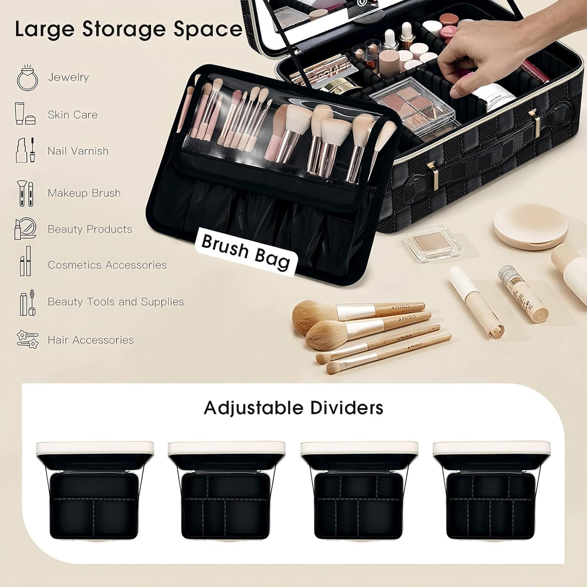 Leather Makeup Case with LED Lighted Mirror 11.4 Inch Travel Makeup Bag Adjustable Brightness in 3 Colors Cosmetic Organizer Artist Storage Bag with Dividers Brush Holder Bag Vanity White