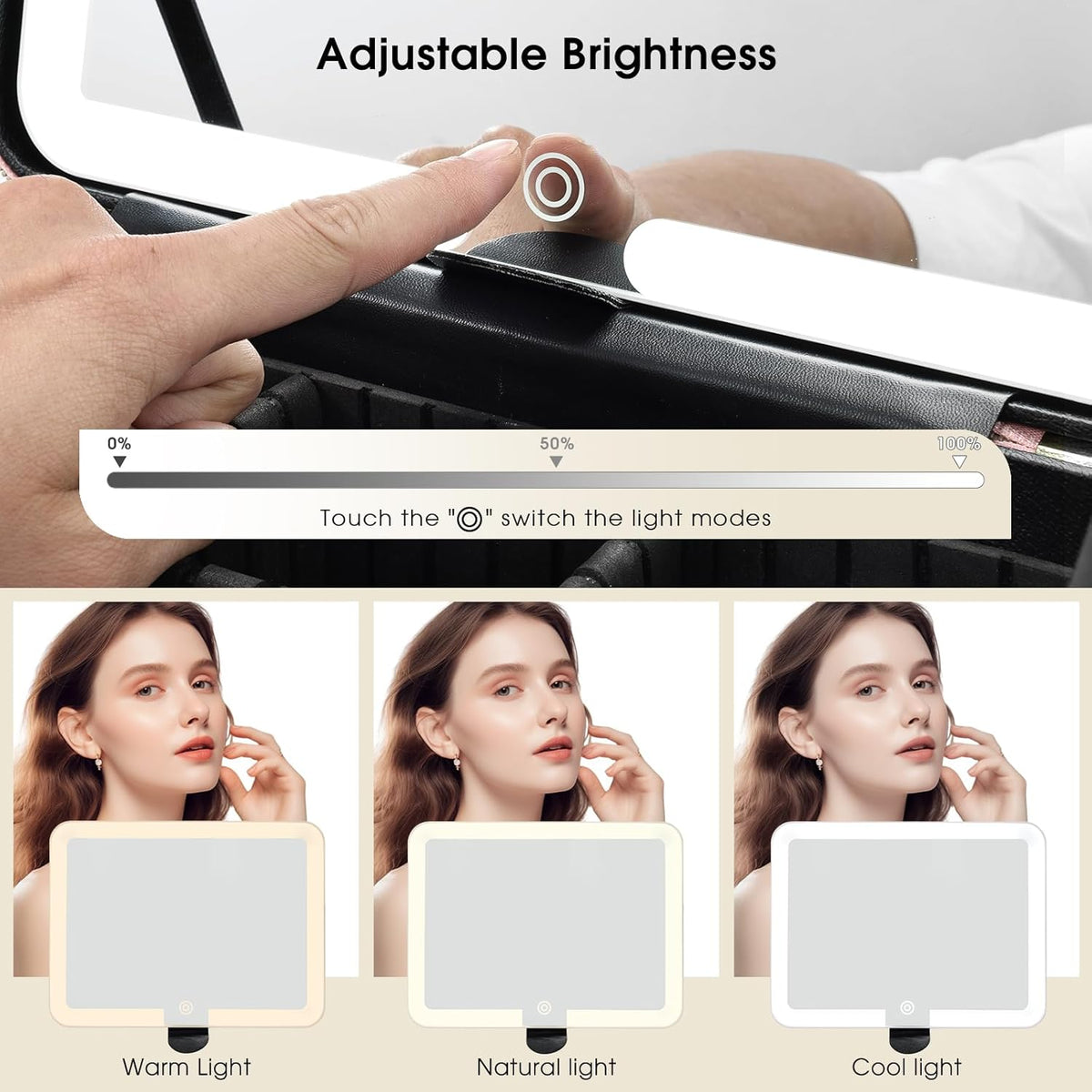 Leather Makeup Case with LED Lighted Mirror 11.4 Inch Travel Makeup Bag Adjustable Brightness in 3 Colors Cosmetic Organizer Artist Storage Bag with Dividers Brush Holder Bag Vanity White