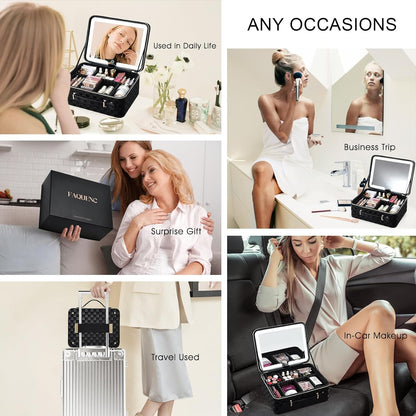 Leather Makeup Case with LED Lighted Mirror 11.4 Inch Travel Makeup Bag Adjustable Brightness in 3 Colors Cosmetic Organizer Artist Storage Bag with Dividers Brush Holder Bag Vanity White