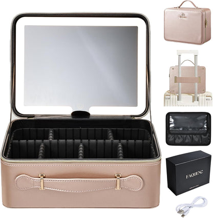 Leather Makeup Case with LED Lighted Mirror 11.4 Inch Travel Makeup Bag Adjustable Brightness in 3 Colors Cosmetic Organizer Artist Storage Bag with Dividers Brush Holder Bag Vanity White