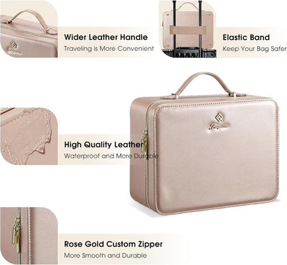Leather Makeup Case with LED Lighted Mirror 11.4 Inch Travel Makeup Bag Adjustable Brightness in 3 Colors Cosmetic Organizer Artist Storage Bag with Dividers Brush Holder Bag Vanity White