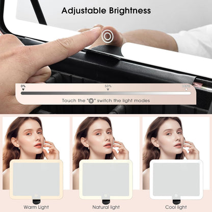 Leather Makeup Case with LED Lighted Mirror 11.4 Inch Travel Makeup Bag Adjustable Brightness in 3 Colors Cosmetic Organizer Artist Storage Bag with Dividers Brush Holder Bag Vanity White