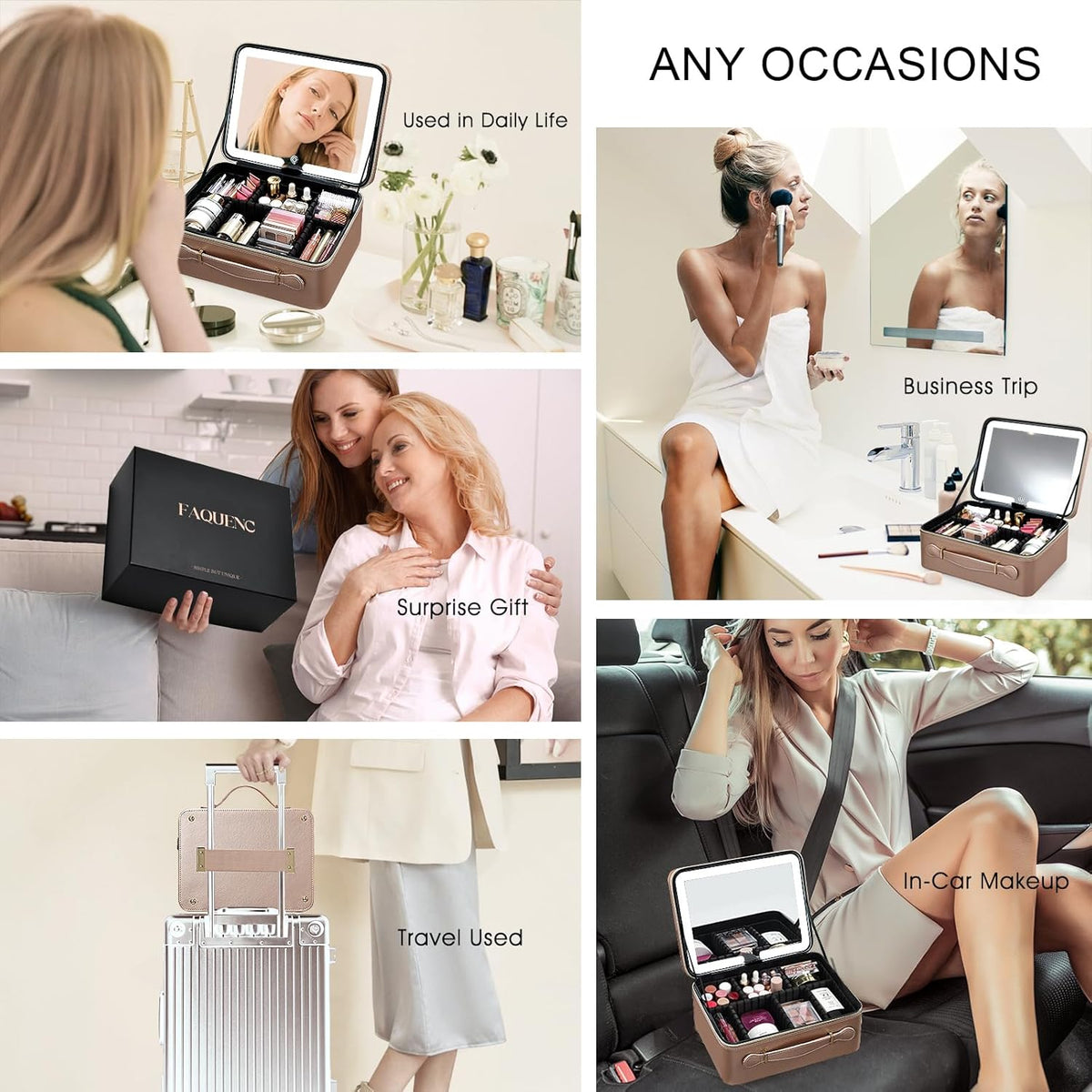 Leather Makeup Case with LED Lighted Mirror 11.4 Inch Travel Makeup Bag Adjustable Brightness in 3 Colors Cosmetic Organizer Artist Storage Bag with Dividers Brush Holder Bag Vanity White