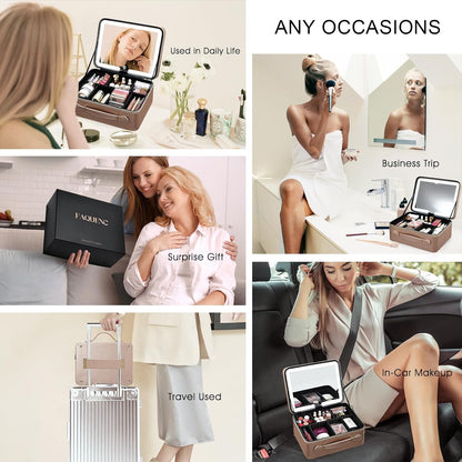 Leather Makeup Case with LED Lighted Mirror 11.4 Inch Travel Makeup Bag Adjustable Brightness in 3 Colors Cosmetic Organizer Artist Storage Bag with Dividers Brush Holder Bag Vanity White