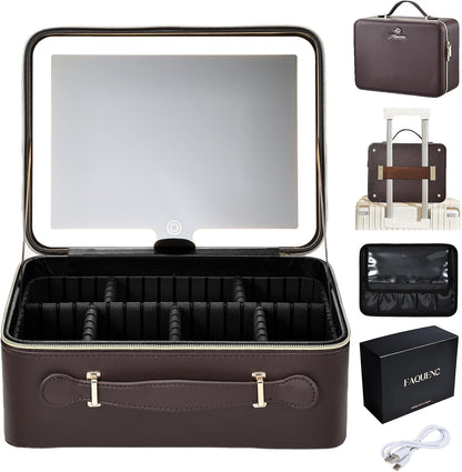Leather Makeup Case with LED Lighted Mirror 11.4 Inch Travel Makeup Bag Adjustable Brightness in 3 Colors Cosmetic Organizer Artist Storage Bag with Dividers Brush Holder Bag Vanity White