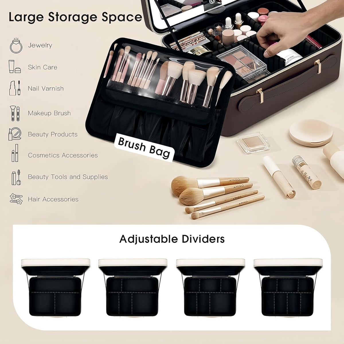 Leather Makeup Case with LED Lighted Mirror 11.4 Inch Travel Makeup Bag Adjustable Brightness in 3 Colors Cosmetic Organizer Artist Storage Bag with Dividers Brush Holder Bag Vanity White