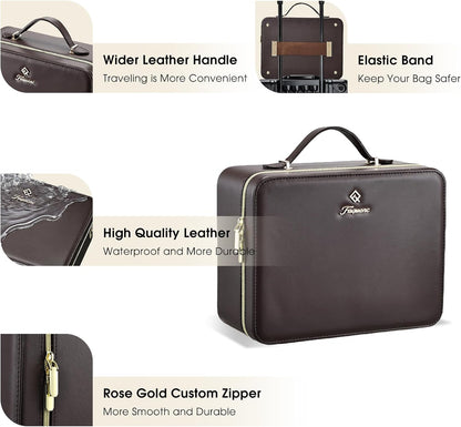 Leather Makeup Case with LED Lighted Mirror 11.4 Inch Travel Makeup Bag Adjustable Brightness in 3 Colors Cosmetic Organizer Artist Storage Bag with Dividers Brush Holder Bag Vanity White