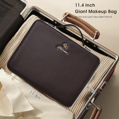 Leather Makeup Case with LED Lighted Mirror 11.4 Inch Travel Makeup Bag Adjustable Brightness in 3 Colors Cosmetic Organizer Artist Storage Bag with Dividers Brush Holder Bag Vanity White