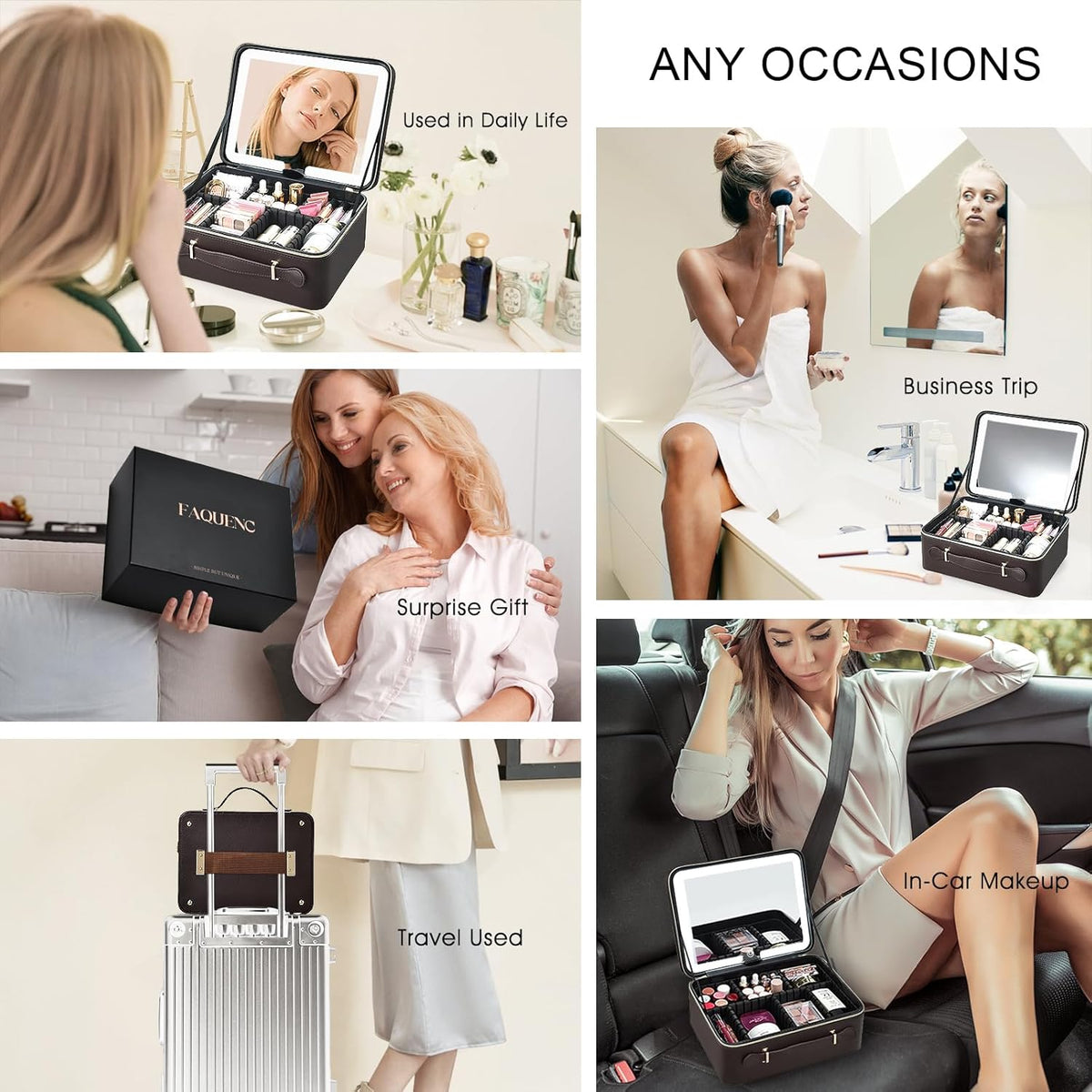 Leather Makeup Case with LED Lighted Mirror 11.4 Inch Travel Makeup Bag Adjustable Brightness in 3 Colors Cosmetic Organizer Artist Storage Bag with Dividers Brush Holder Bag Vanity White
