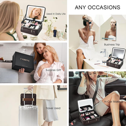 Leather Makeup Case with LED Lighted Mirror 11.4 Inch Travel Makeup Bag Adjustable Brightness in 3 Colors Cosmetic Organizer Artist Storage Bag with Dividers Brush Holder Bag Vanity White