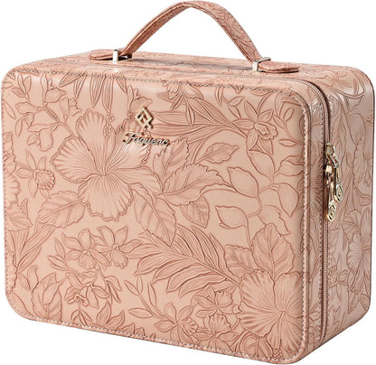 Leather Makeup Case with LED Lighted Mirror 11.4 Inch Travel Makeup Bag Adjustable Brightness in 3 Colors Cosmetic Organizer Artist Storage Bag with Dividers Brush Holder Bag Vanity White