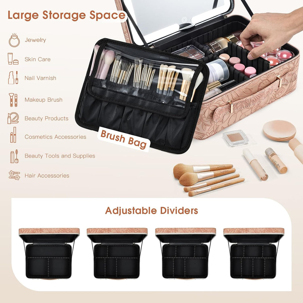 Leather Makeup Case with LED Lighted Mirror 11.4 Inch Travel Makeup Bag Adjustable Brightness in 3 Colors Cosmetic Organizer Artist Storage Bag with Dividers Brush Holder Bag Vanity White