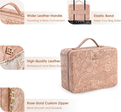 Leather Makeup Case with LED Lighted Mirror 11.4 Inch Travel Makeup Bag Adjustable Brightness in 3 Colors Cosmetic Organizer Artist Storage Bag with Dividers Brush Holder Bag Vanity White