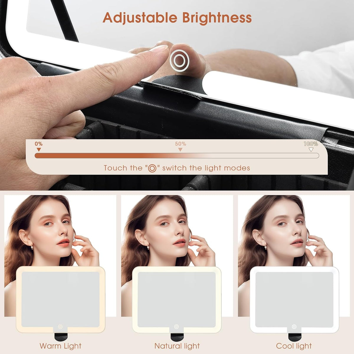 Leather Makeup Case with LED Lighted Mirror 11.4 Inch Travel Makeup Bag Adjustable Brightness in 3 Colors Cosmetic Organizer Artist Storage Bag with Dividers Brush Holder Bag Vanity White