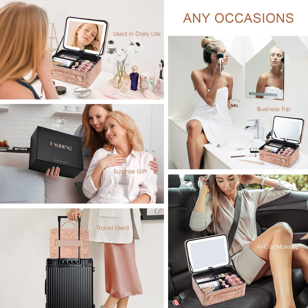 Leather Makeup Case with LED Lighted Mirror 11.4 Inch Travel Makeup Bag Adjustable Brightness in 3 Colors Cosmetic Organizer Artist Storage Bag with Dividers Brush Holder Bag Vanity White