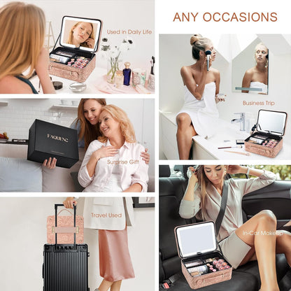Leather Makeup Case with LED Lighted Mirror 11.4 Inch Travel Makeup Bag Adjustable Brightness in 3 Colors Cosmetic Organizer Artist Storage Bag with Dividers Brush Holder Bag Vanity White