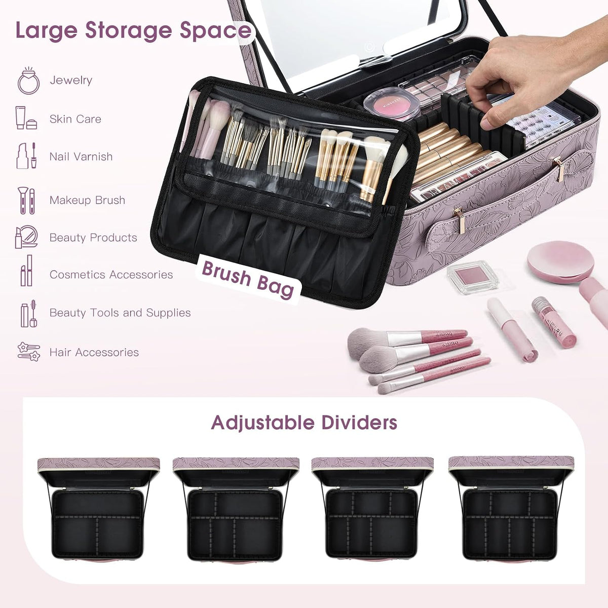 Leather Makeup Case with LED Lighted Mirror 11.4 Inch Travel Makeup Bag Adjustable Brightness in 3 Colors Cosmetic Organizer Artist Storage Bag with Dividers Brush Holder Bag Vanity White