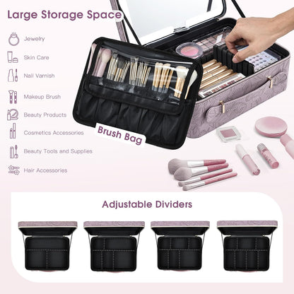Leather Makeup Case with LED Lighted Mirror 11.4 Inch Travel Makeup Bag Adjustable Brightness in 3 Colors Cosmetic Organizer Artist Storage Bag with Dividers Brush Holder Bag Vanity White