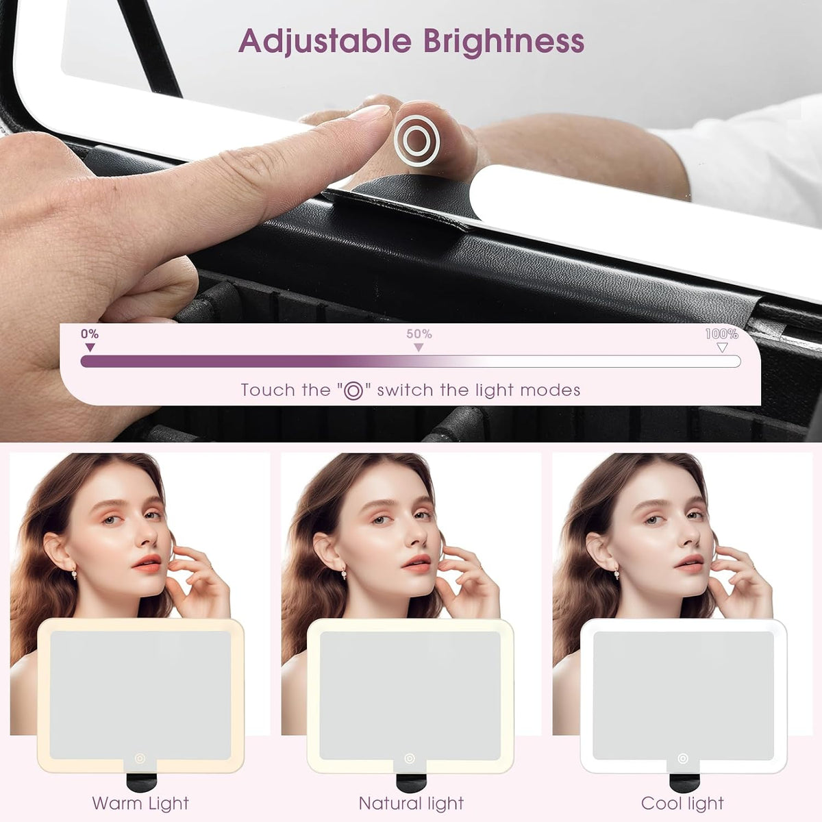 Leather Makeup Case with LED Lighted Mirror 11.4 Inch Travel Makeup Bag Adjustable Brightness in 3 Colors Cosmetic Organizer Artist Storage Bag with Dividers Brush Holder Bag Vanity White