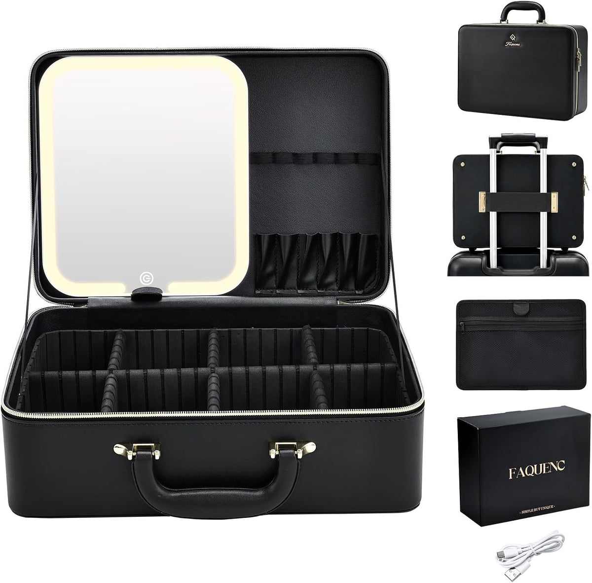 Leather Makeup Case with LED Lighted Mirror 11.4 Inch Travel Makeup Bag Adjustable Brightness in 3 Colors Cosmetic Organizer Artist Storage Bag with Dividers Brush Holder Bag Vanity White
