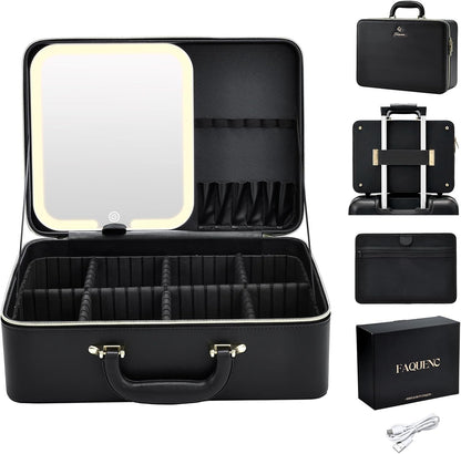 Leather Makeup Case with LED Lighted Mirror 11.4 Inch Travel Makeup Bag Adjustable Brightness in 3 Colors Cosmetic Organizer Artist Storage Bag with Dividers Brush Holder Bag Vanity White