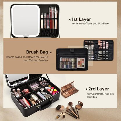 Leather Makeup Case with LED Lighted Mirror 11.4 Inch Travel Makeup Bag Adjustable Brightness in 3 Colors Cosmetic Organizer Artist Storage Bag with Dividers Brush Holder Bag Vanity White