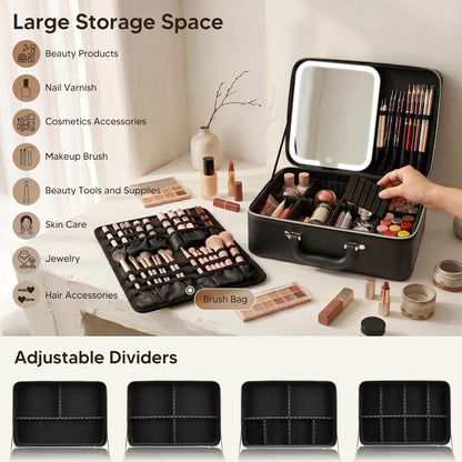Leather Makeup Case with LED Lighted Mirror 11.4 Inch Travel Makeup Bag Adjustable Brightness in 3 Colors Cosmetic Organizer Artist Storage Bag with Dividers Brush Holder Bag Vanity White