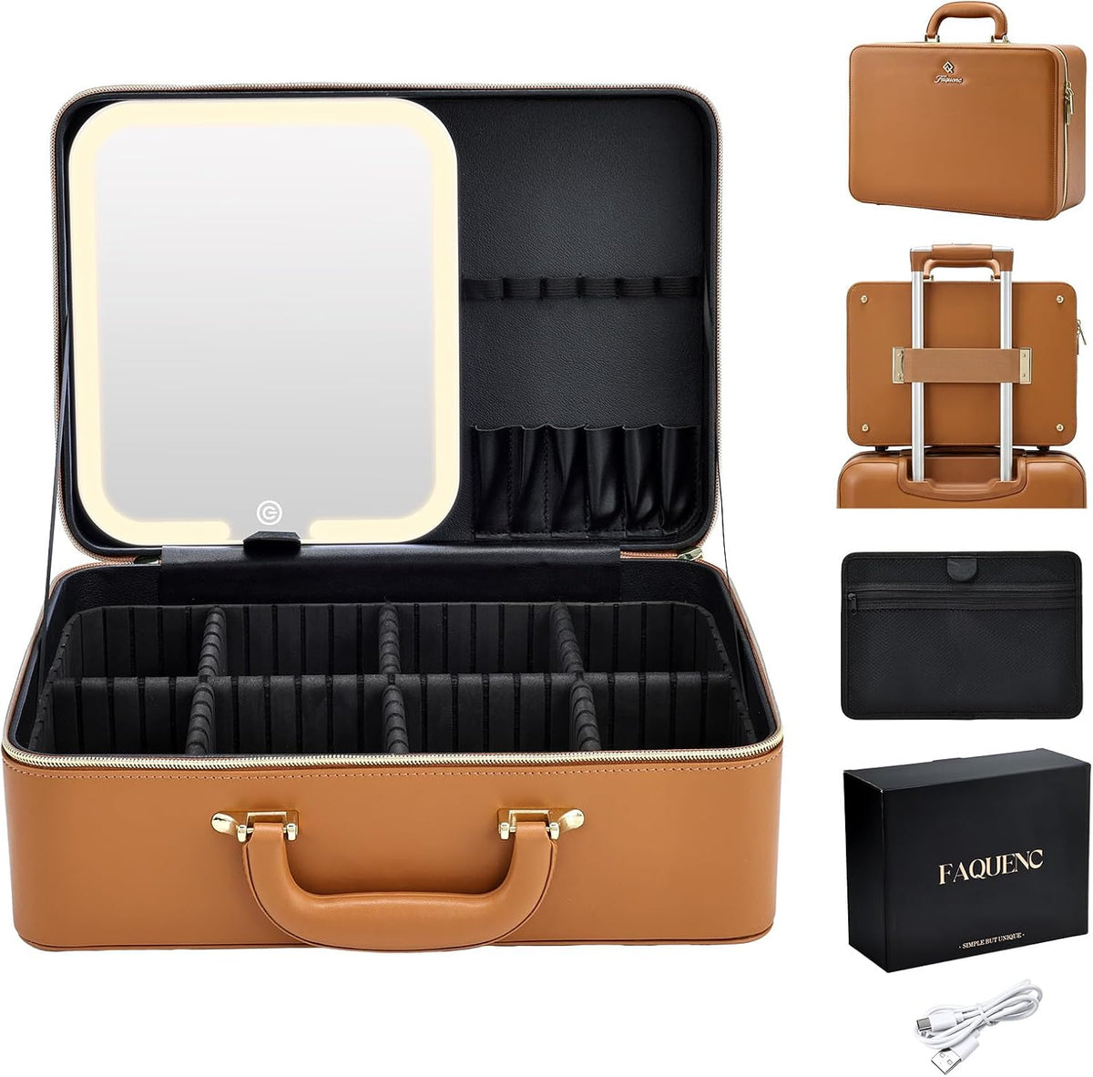 Leather Makeup Case with LED Lighted Mirror 11.4 Inch Travel Makeup Bag Adjustable Brightness in 3 Colors Cosmetic Organizer Artist Storage Bag with Dividers Brush Holder Bag Vanity White