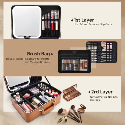 Leather Makeup Case with LED Lighted Mirror 11.4 Inch Travel Makeup Bag Adjustable Brightness in 3 Colors Cosmetic Organizer Artist Storage Bag with Dividers Brush Holder Bag Vanity White